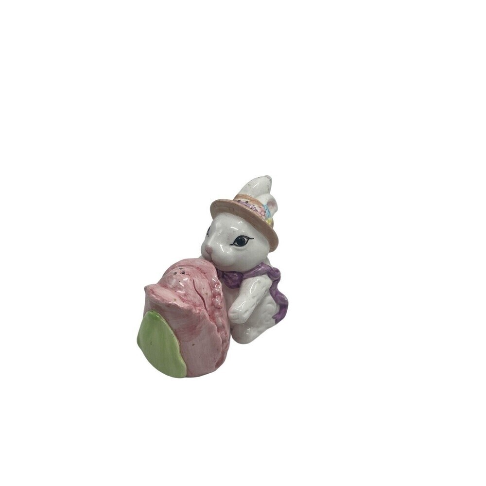 Bunny & Pink Rose Bud Salt & Pepper Shakers 4” RARE